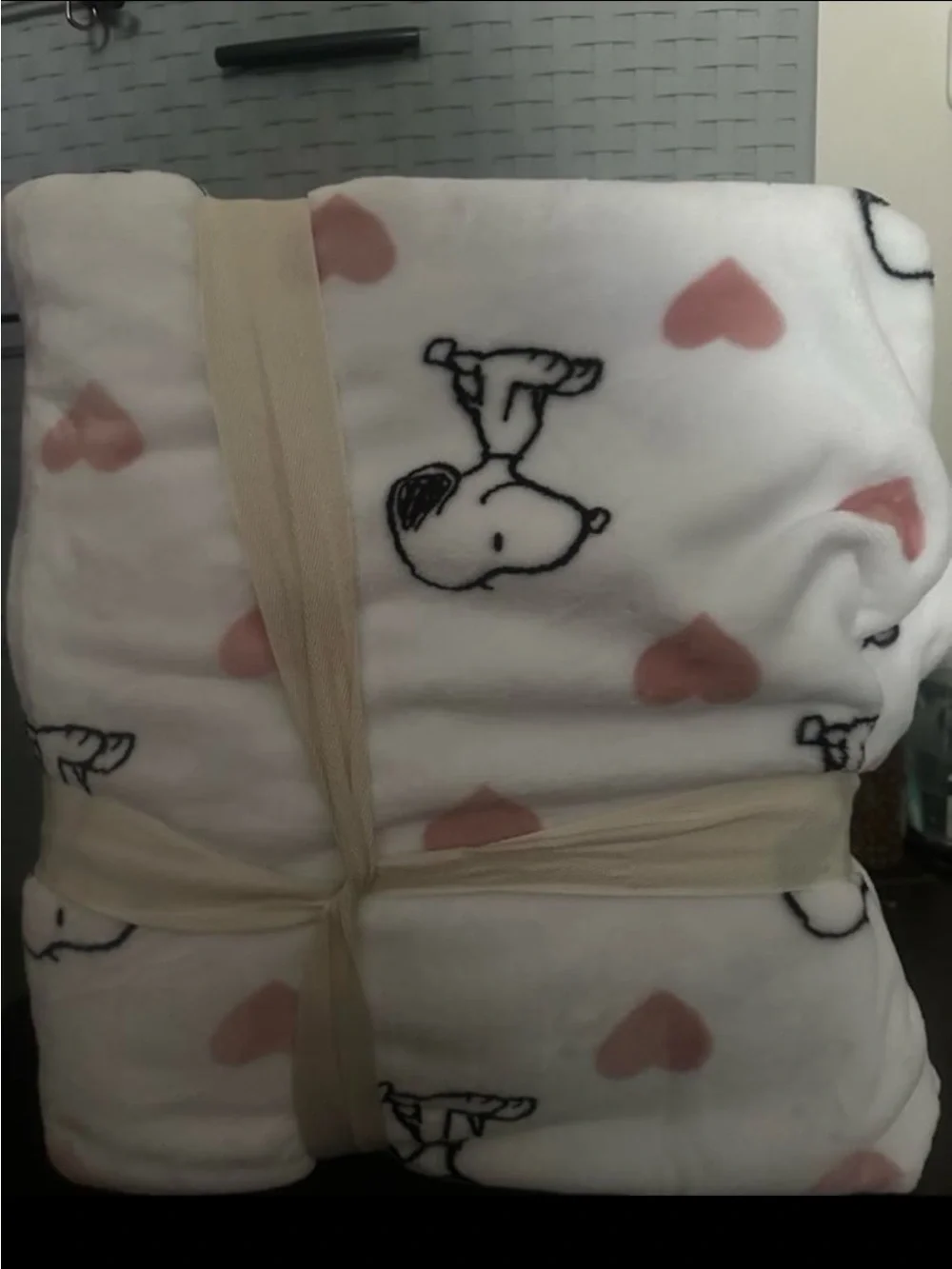 Plush White Throw Blanket with Pink Hearts and Snoopy Print